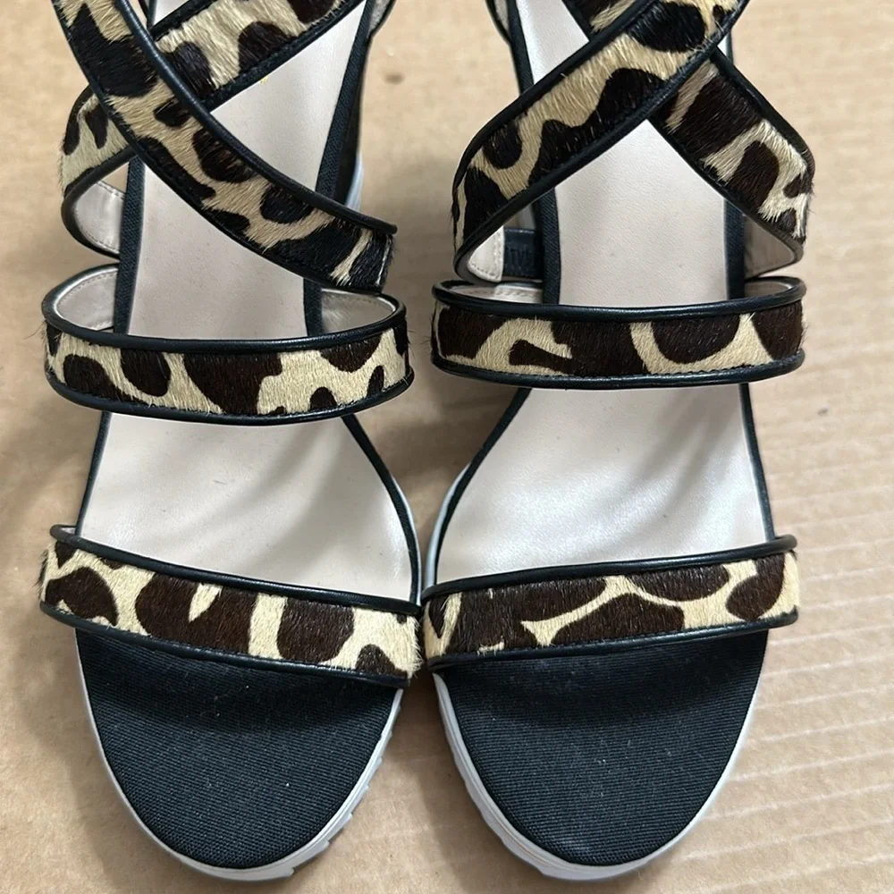 Leopard Print Strappy Wedge Sandals - Black & Tan